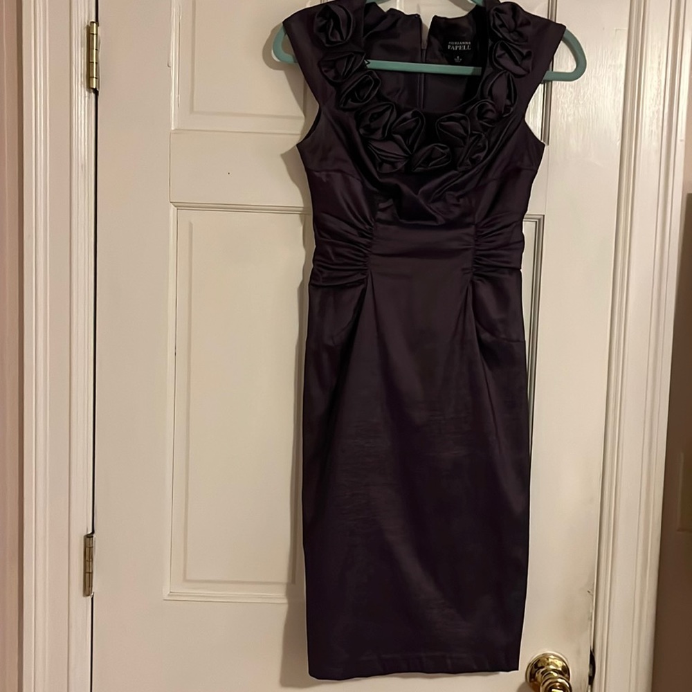 Purple Adrianna Papell cap sleeved cocktail dress with fabric roses at neckline